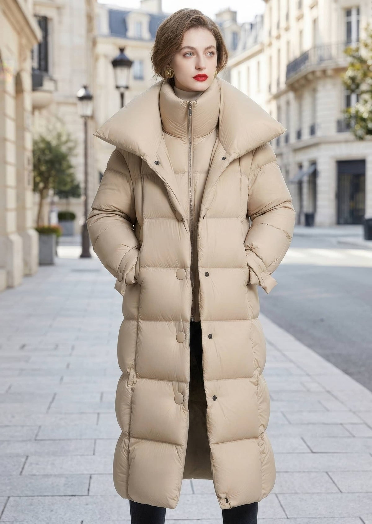 Woman standing with hands in pockets wearing beige longline double collar down puffer coat
