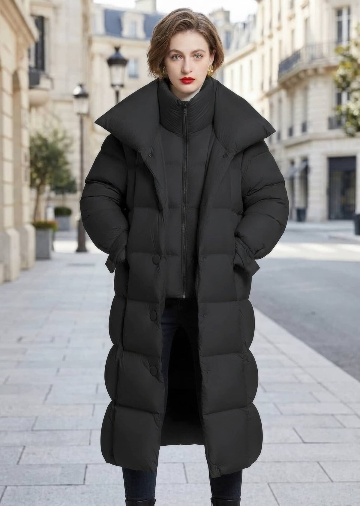 Full length front view of woman wearing open black double collar longline down puffer coat