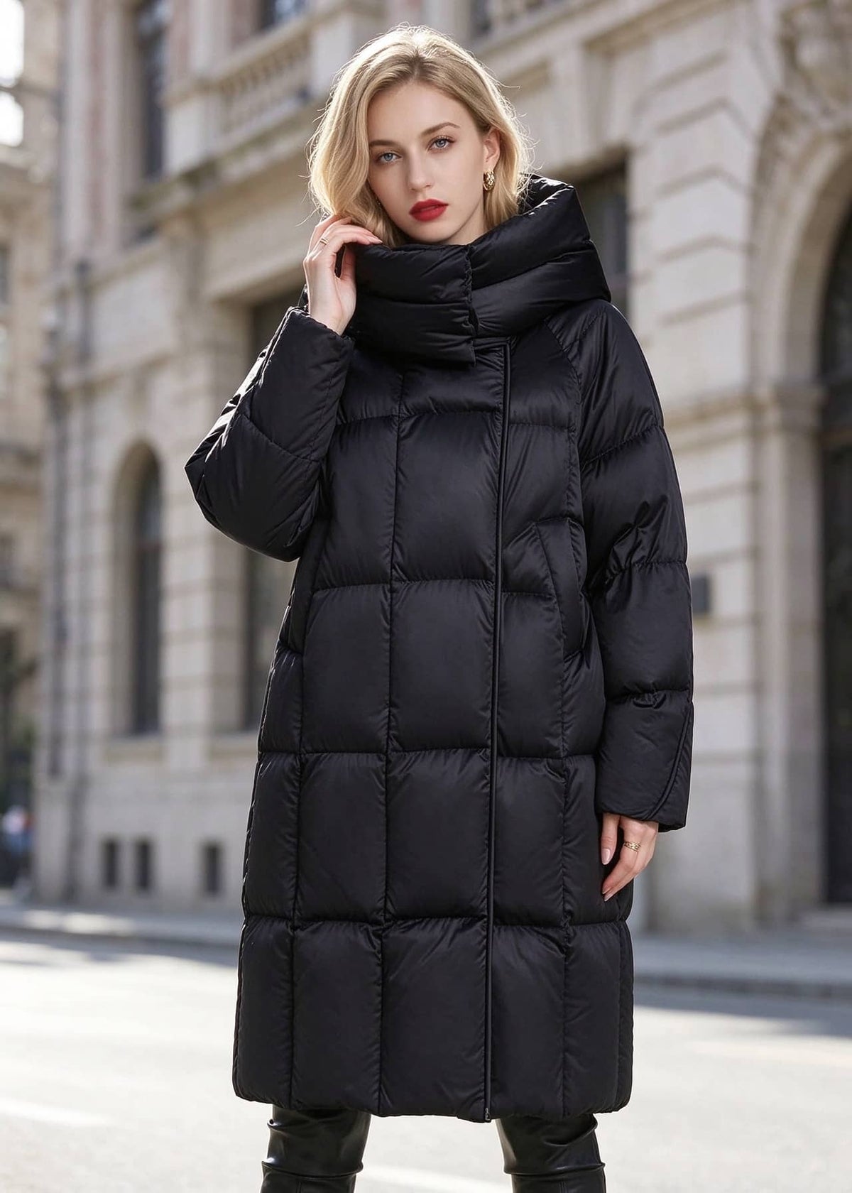 Woman standing outdoors wearing black high neck quilted duck down puffer long coat
