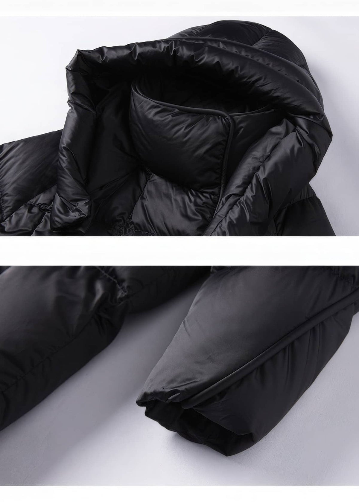 Close-up detail of black high neck hooded puffer coat collar and sleeve cuffs