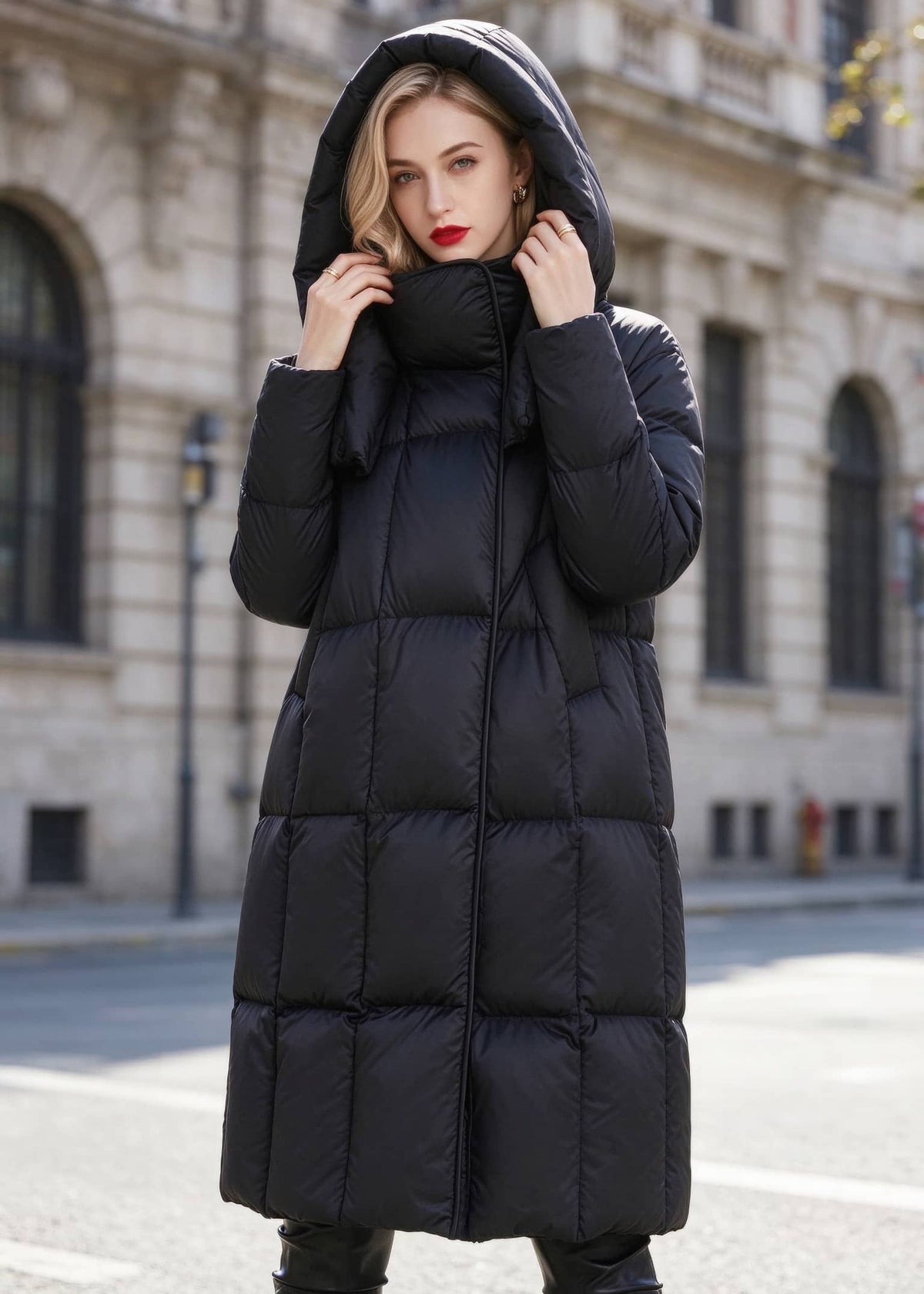 Front view of woman with hood up wearing black high neck quilted down puffer coat
