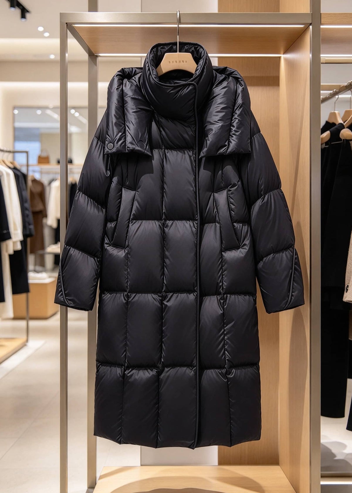 Black high neck hooded quilted down coat hanging on a retail store display rack