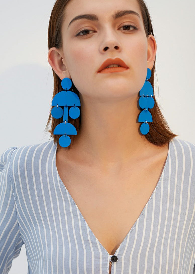 Blue Geometric Long Drop Earrings