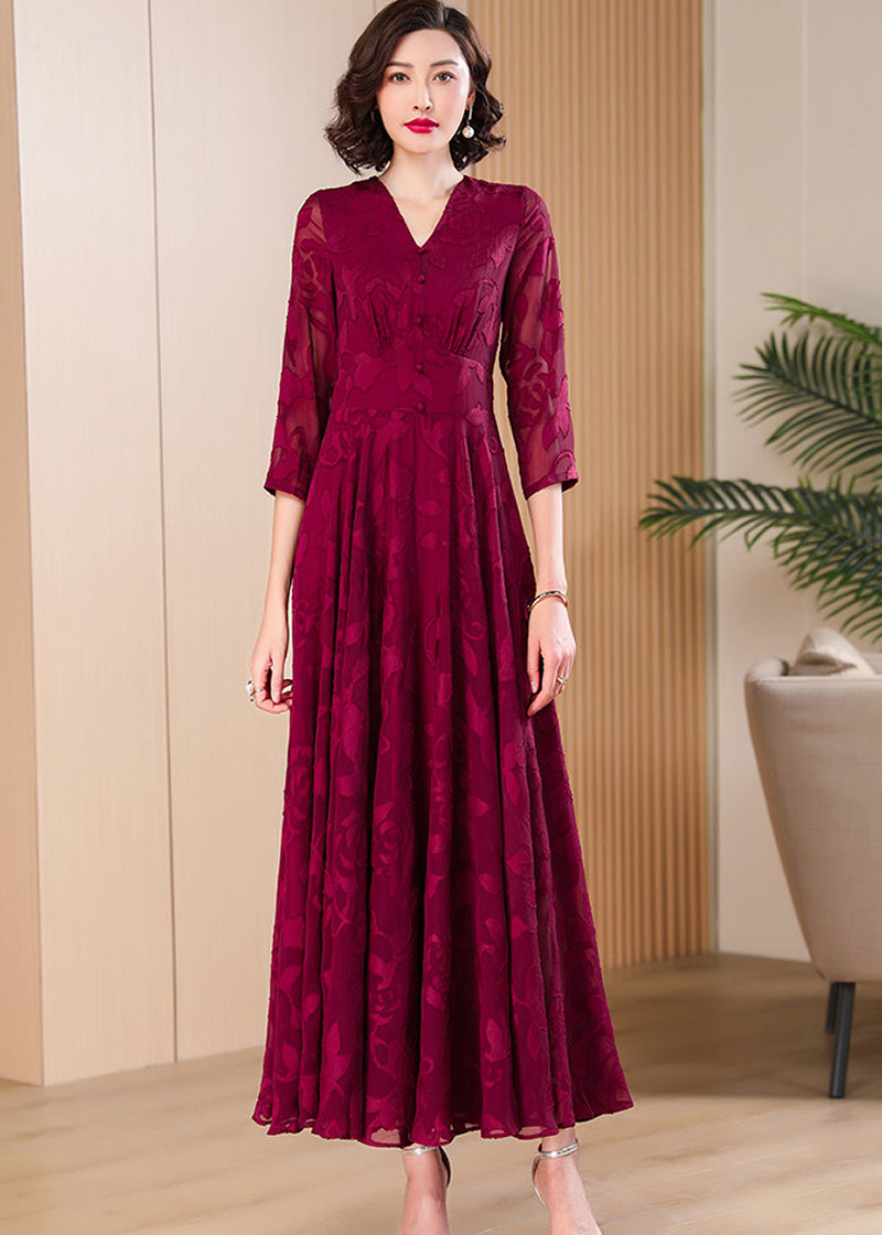 Burgundy Chiffon Floral Jacquard V-Neck Maxi Dress Claret / S