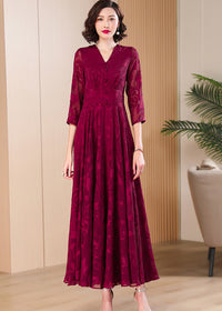 Vivian Seven classic wine red midi dress with button-front detail and cinched waist.