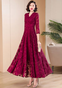 Elegant V-neck burgundy A-line long dress for women, featuring sheer burnout rose pattern.