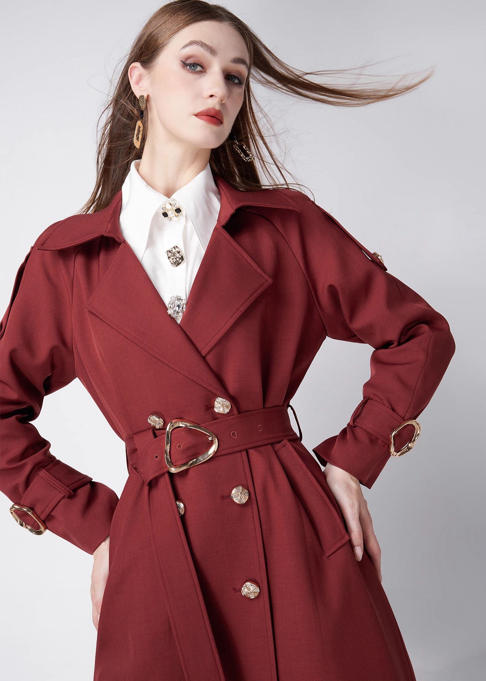 Claret Epaulette Belted Double Breasted Trench Coat – Vivian Seven