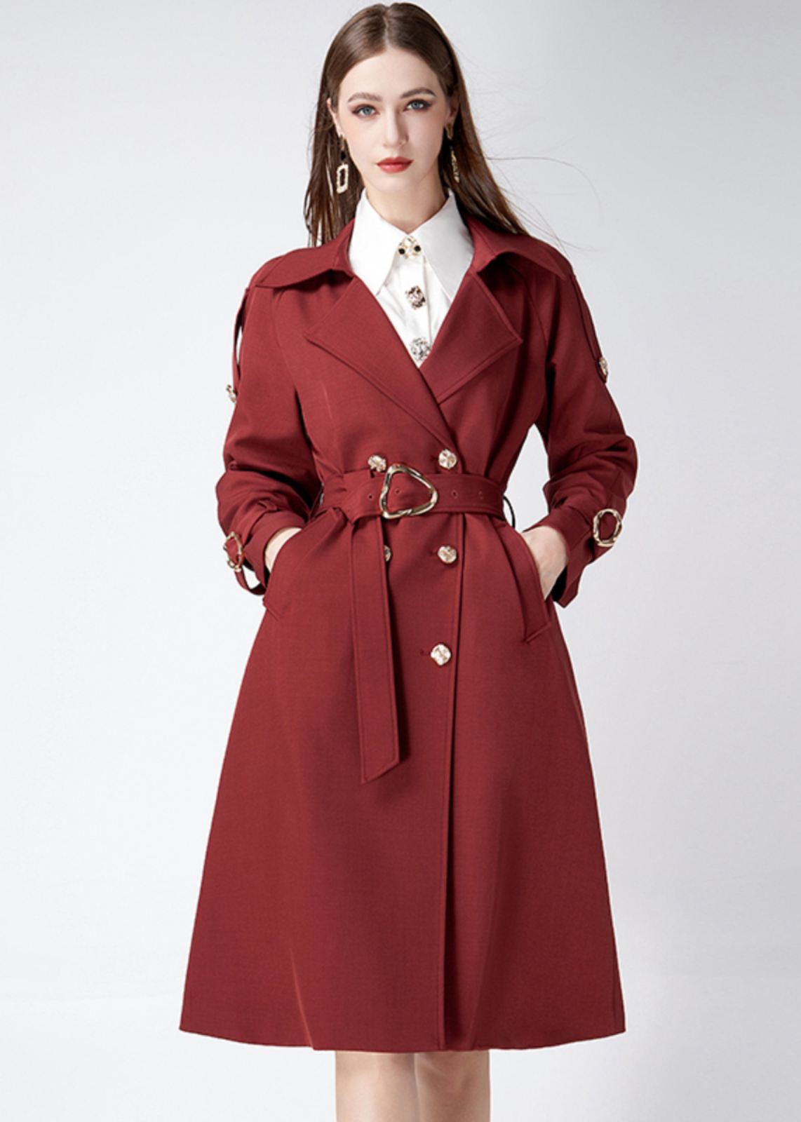 Claret Epaulette Belted Double Breasted Trench Coat – Vivian Seven