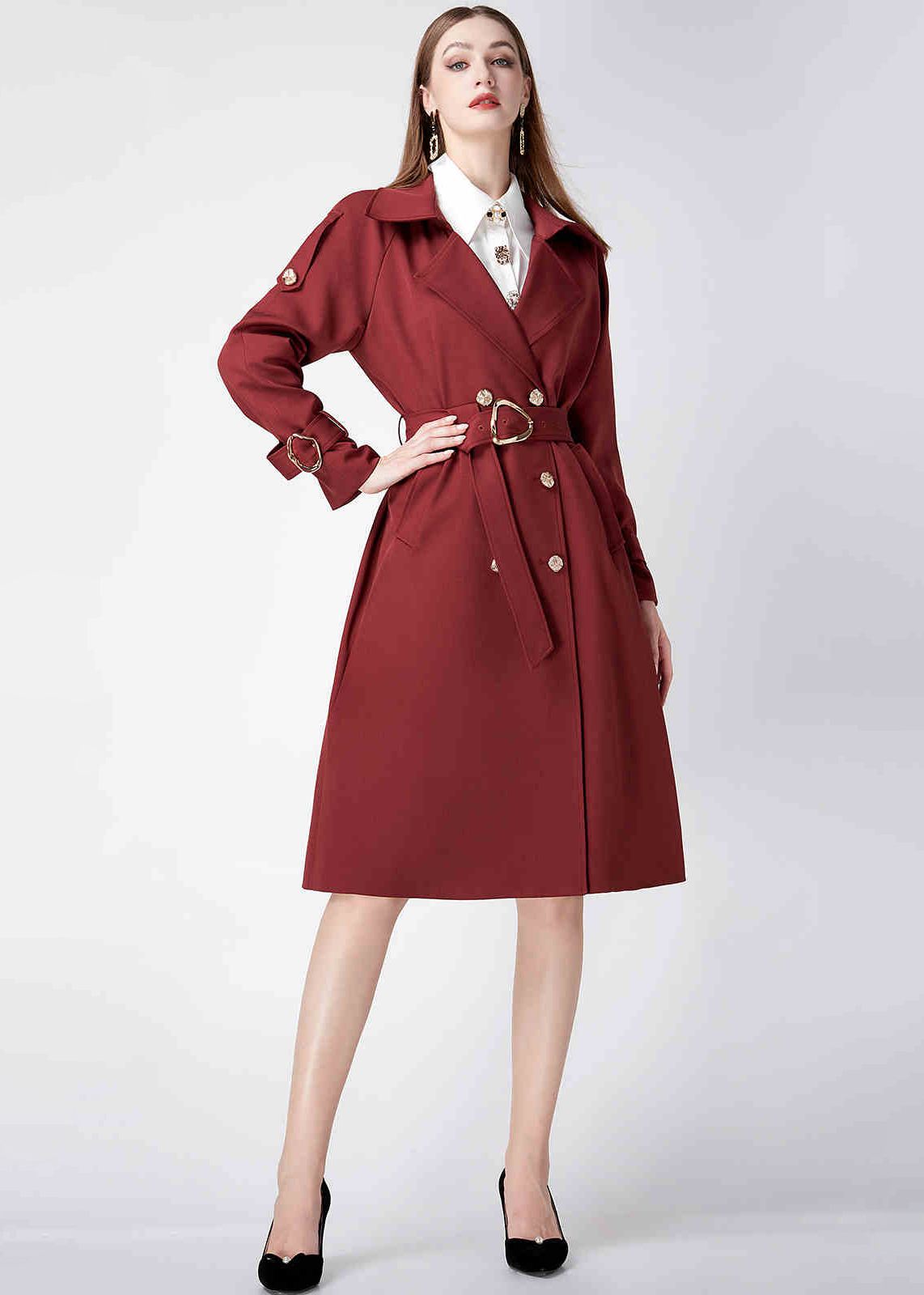 Women's Claret Epaulette Belted Double Breasted Trench Coat