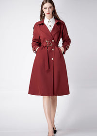 Women's Claret Epaulette Belted Double Breasted Trench Coat