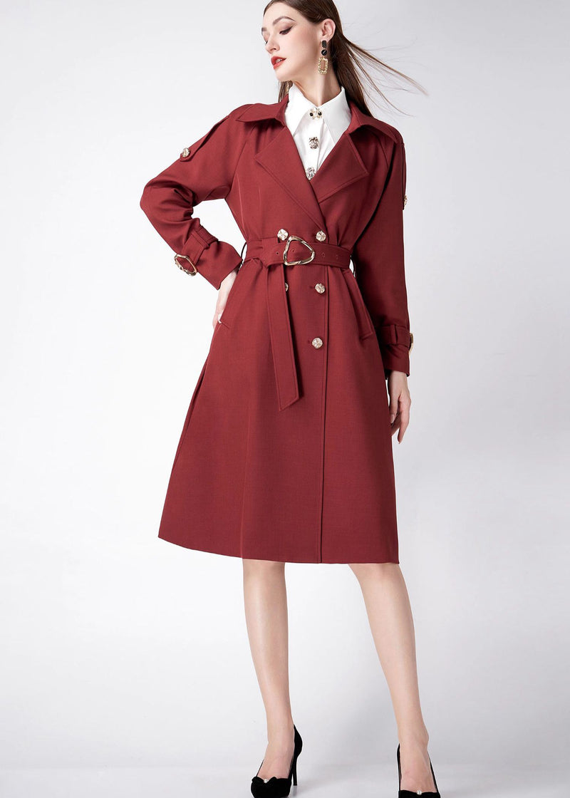 Women's Claret Epaulette Belted Double Breasted Trench Coat