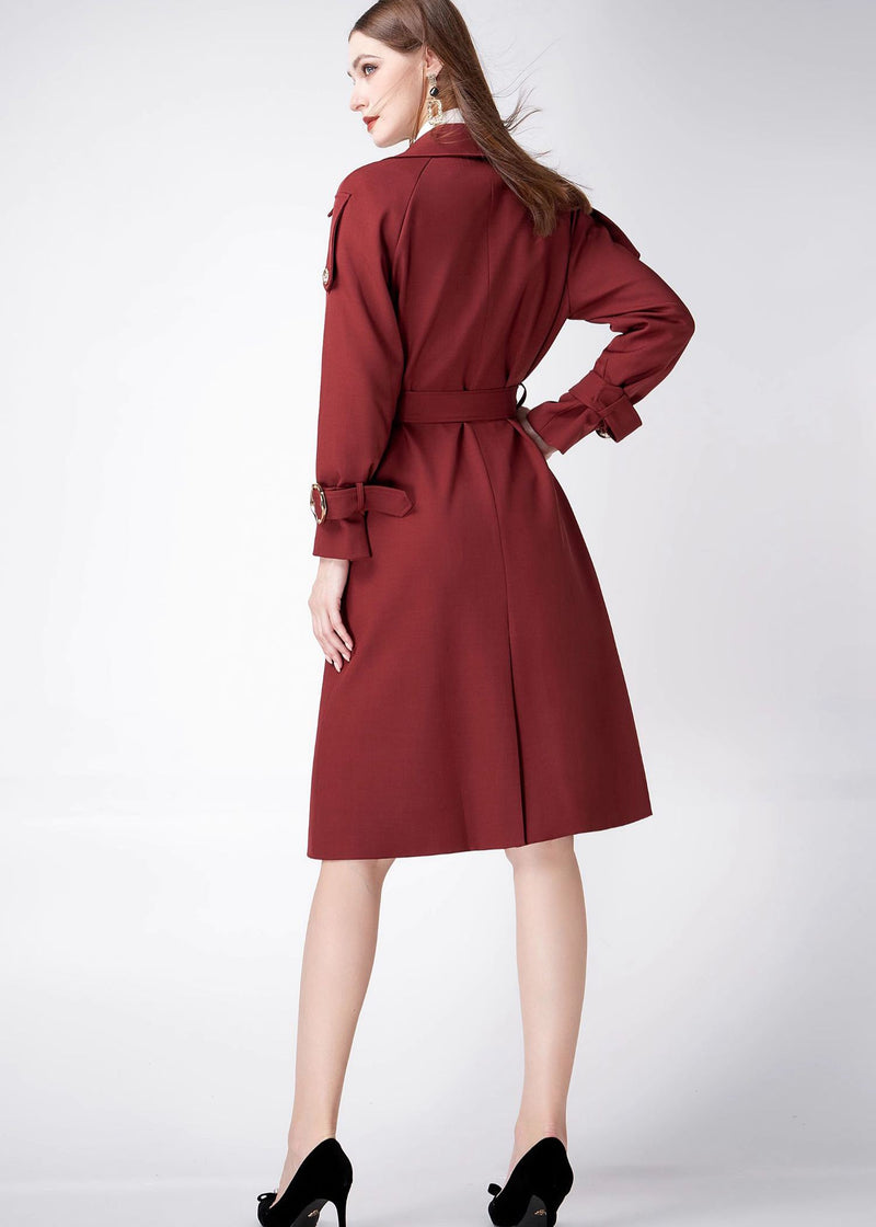 Women's Claret Epaulette Belted Double Breasted Trench Coat