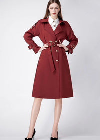 Women's Claret Epaulette Belted Double Breasted Trench Coat