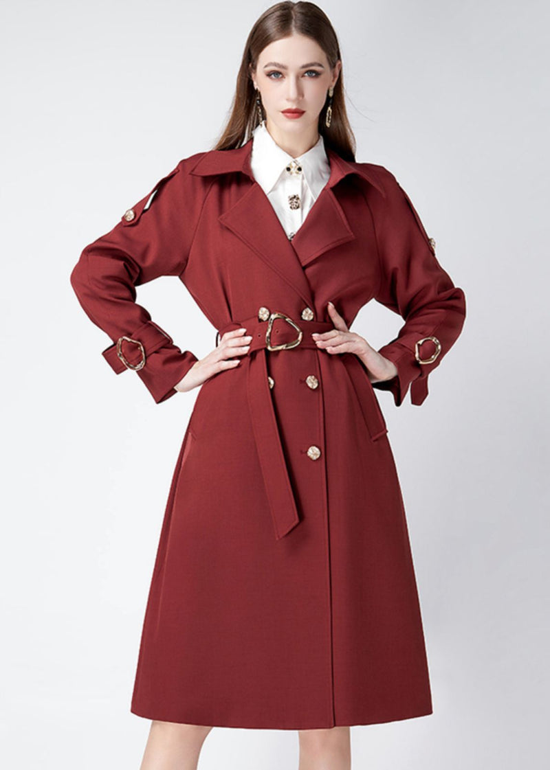 Women's Claret Epaulette Belted Double Breasted Trench Coat