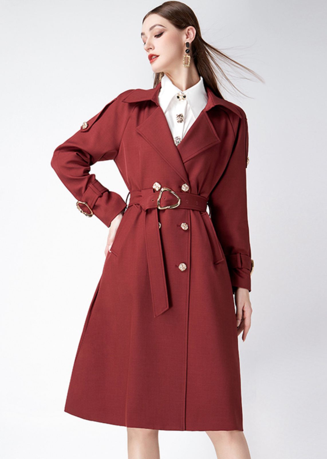 Claret Epaulette Belted Double Breasted Trench Coat – Vivian Seven