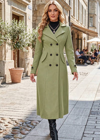 Full length front view of woman wearing sage green classic double-breasted long overcoat