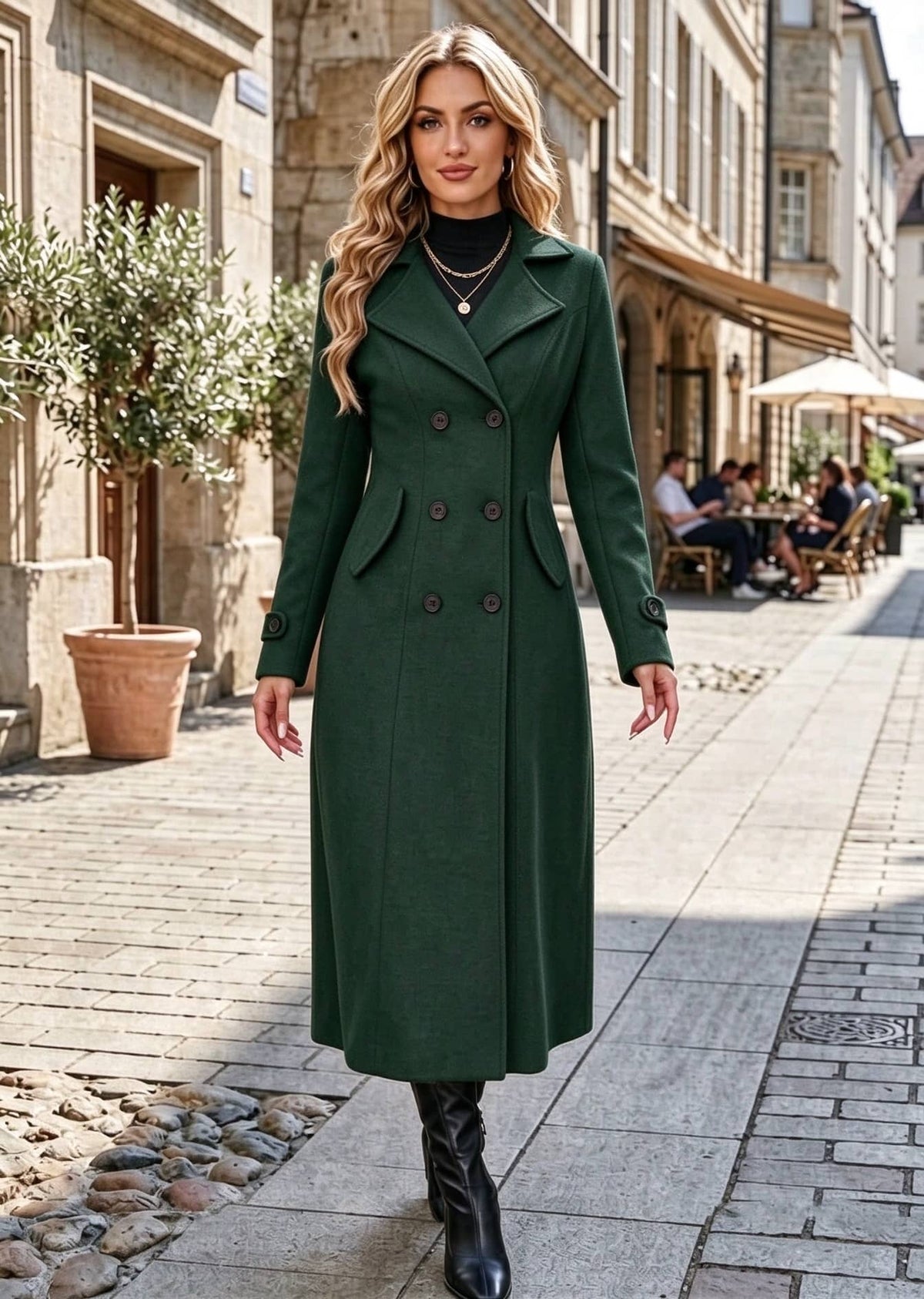 Full length front view of woman wearing dark green classic double-breasted long overcoat with flap pockets