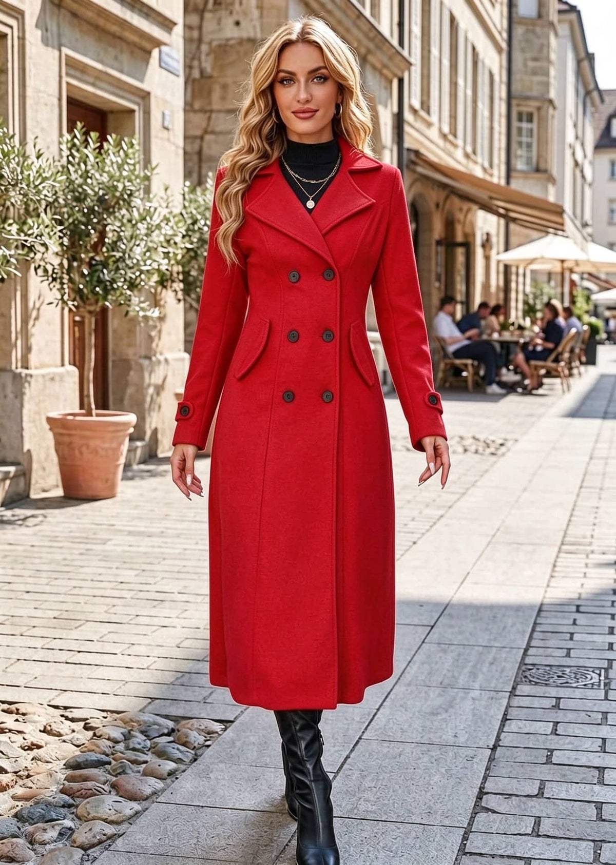 Full length front view of woman wearing vibrant red classic double-breasted long overcoat with flap pockets