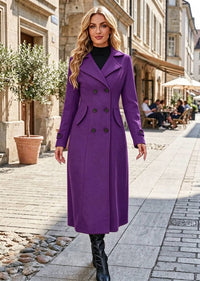 Full length front view of woman wearing purple classic double-breasted long overcoat with flap pockets