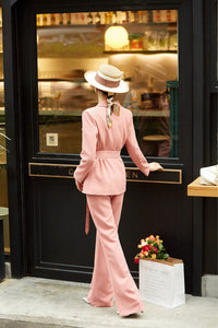 Coral Pink Belted Blazer & Wide Leg Trousers Pantsuit