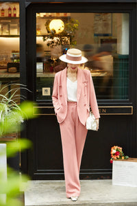 Coral Pink Belted Blazer & Wide Leg Trousers Pantsuit