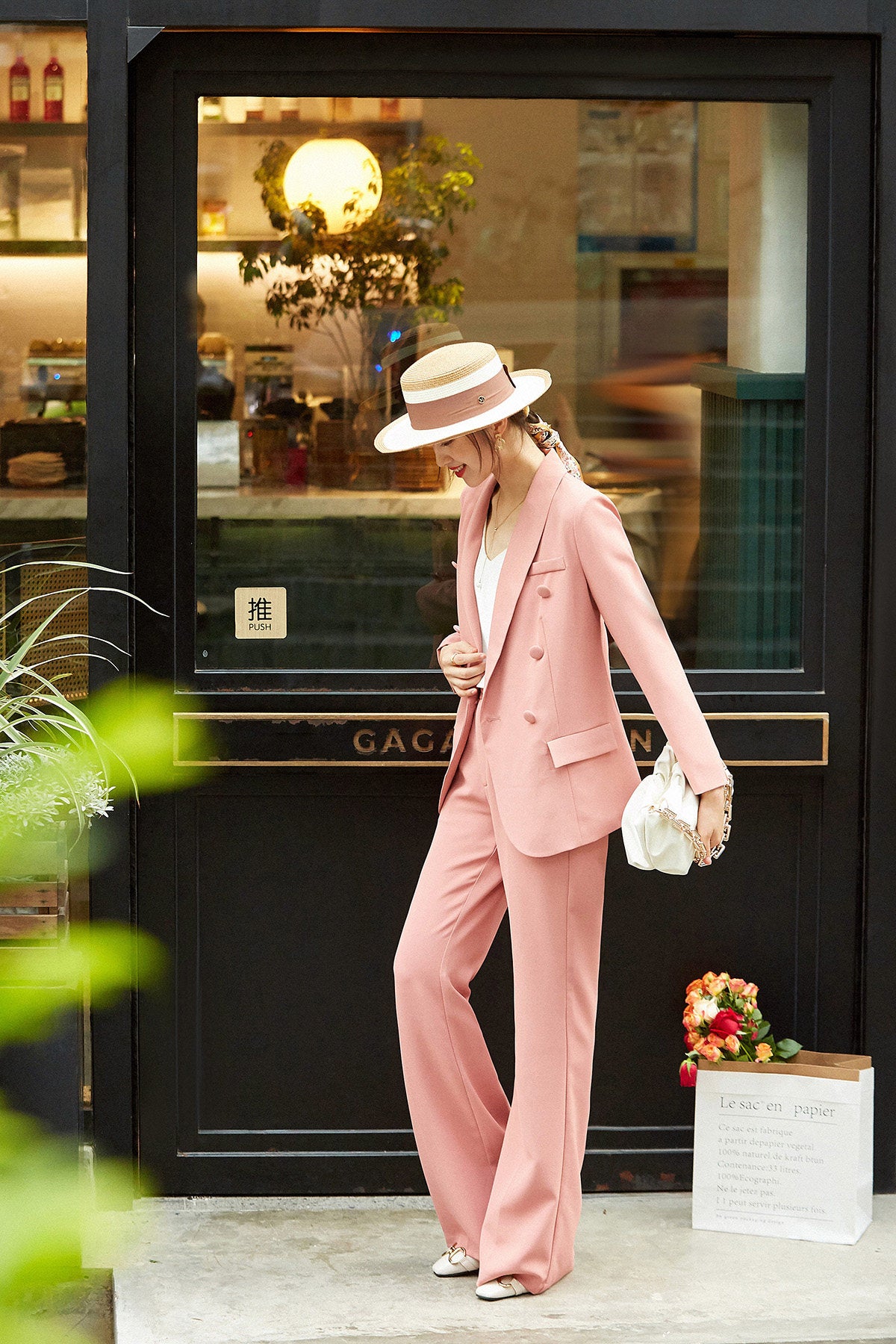 Coral Pink Belted Blazer & Wide Leg Trousers Pantsuit