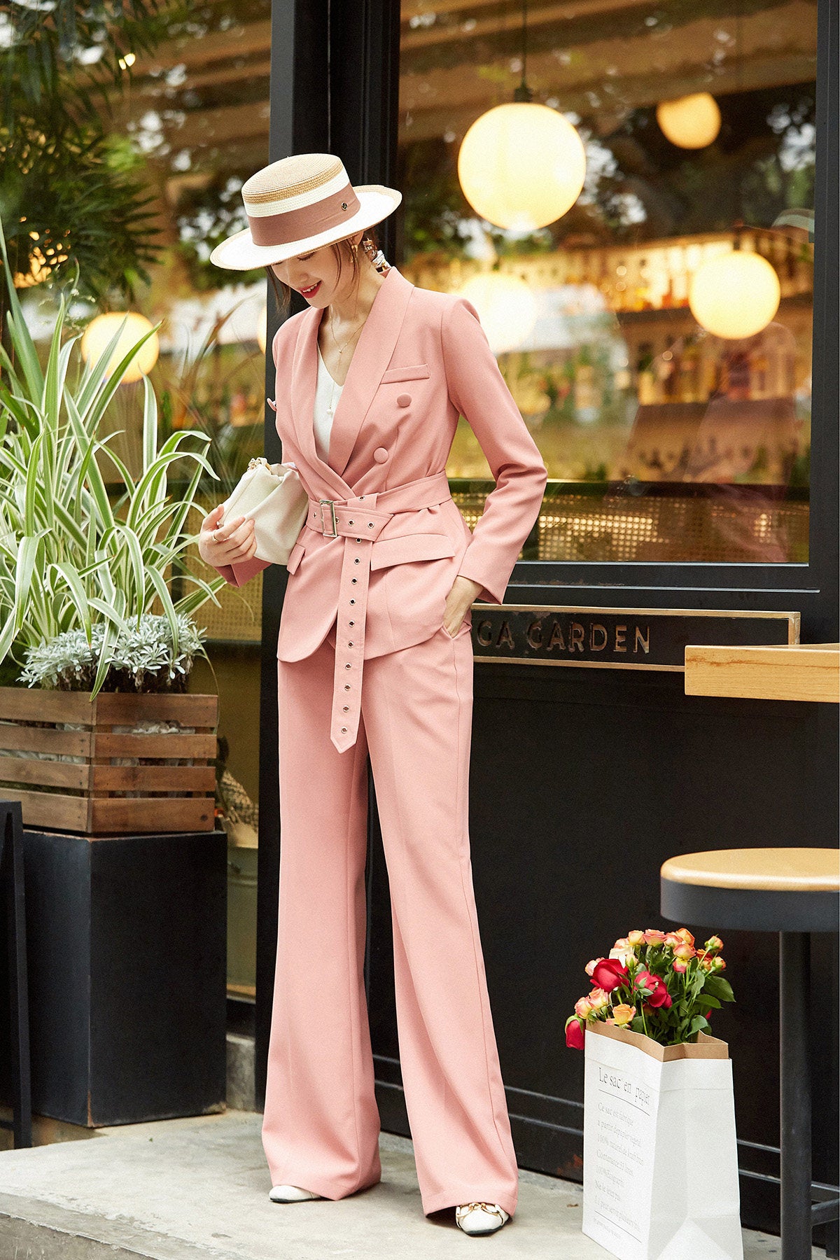 Coral Pink Belted Blazer & Wide Leg Trousers Pantsuit | Vivian Seven