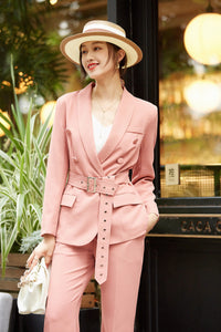 Coral Pink Belted Blazer & Wide Leg Trousers Pantsuit