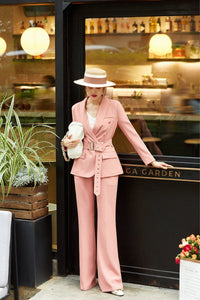 Coral Pink Belted Blazer & Wide Leg Trousers Pantsuit
