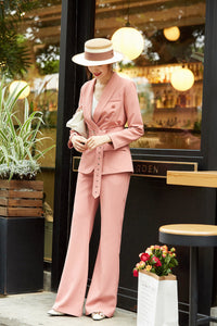 Coral Pink Belted Blazer & Wide Leg Trousers Pantsuit