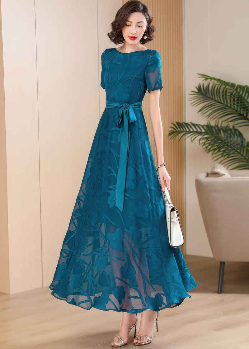 Elegant Teal Floral Jacquard Maxi Dress with Waist Tie