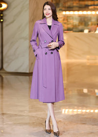 Front view of a Vivian Seven purple long trench coat featuring a matching waist belt and notched lapels.