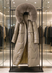 Khaki genuine sheepskin leather down long coat with plush fox fur trim hood displayed on hanger in boutique rack   