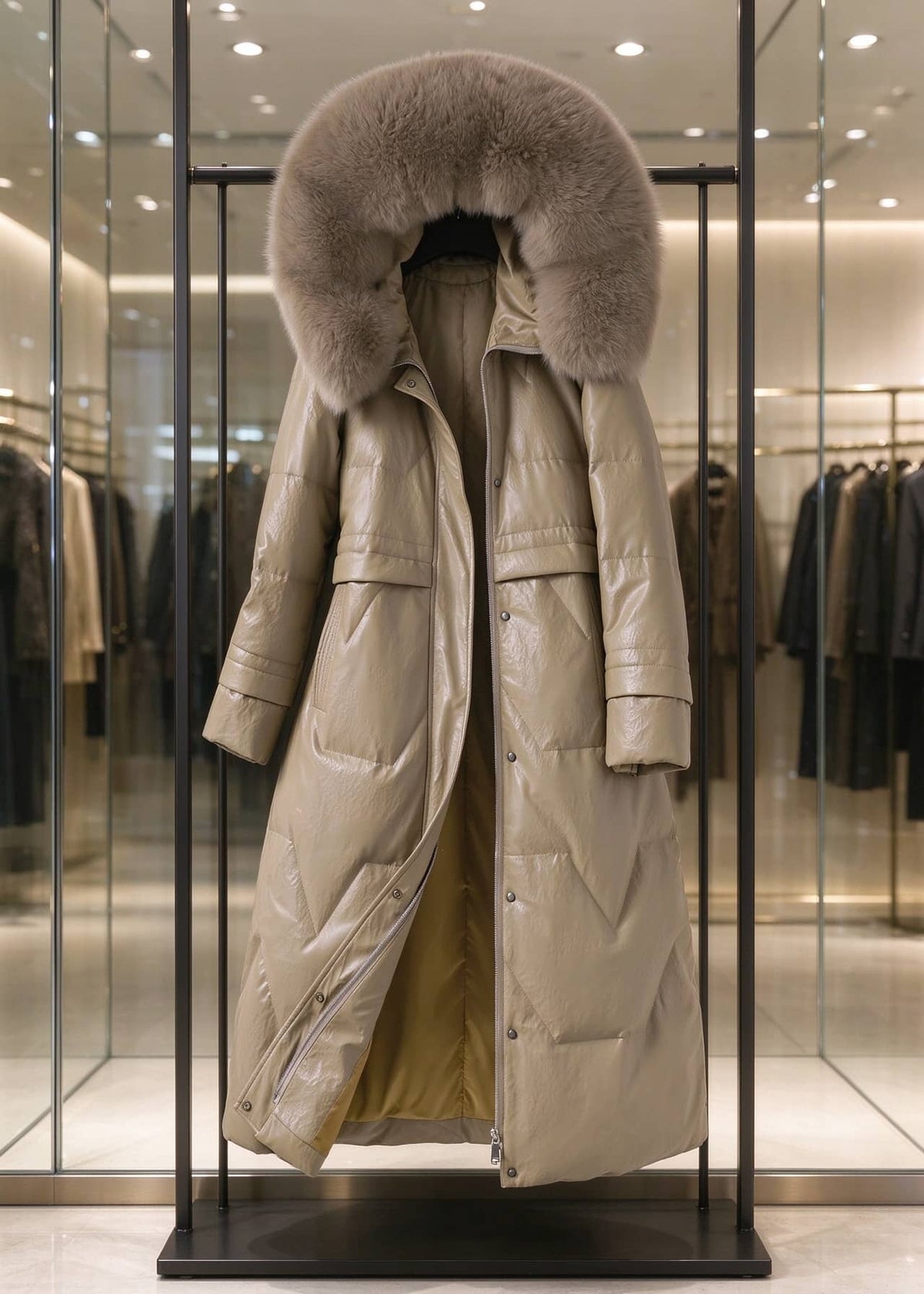 Khaki genuine sheepskin leather down long coat with plush fox fur trim hood displayed on hanger in boutique rack   