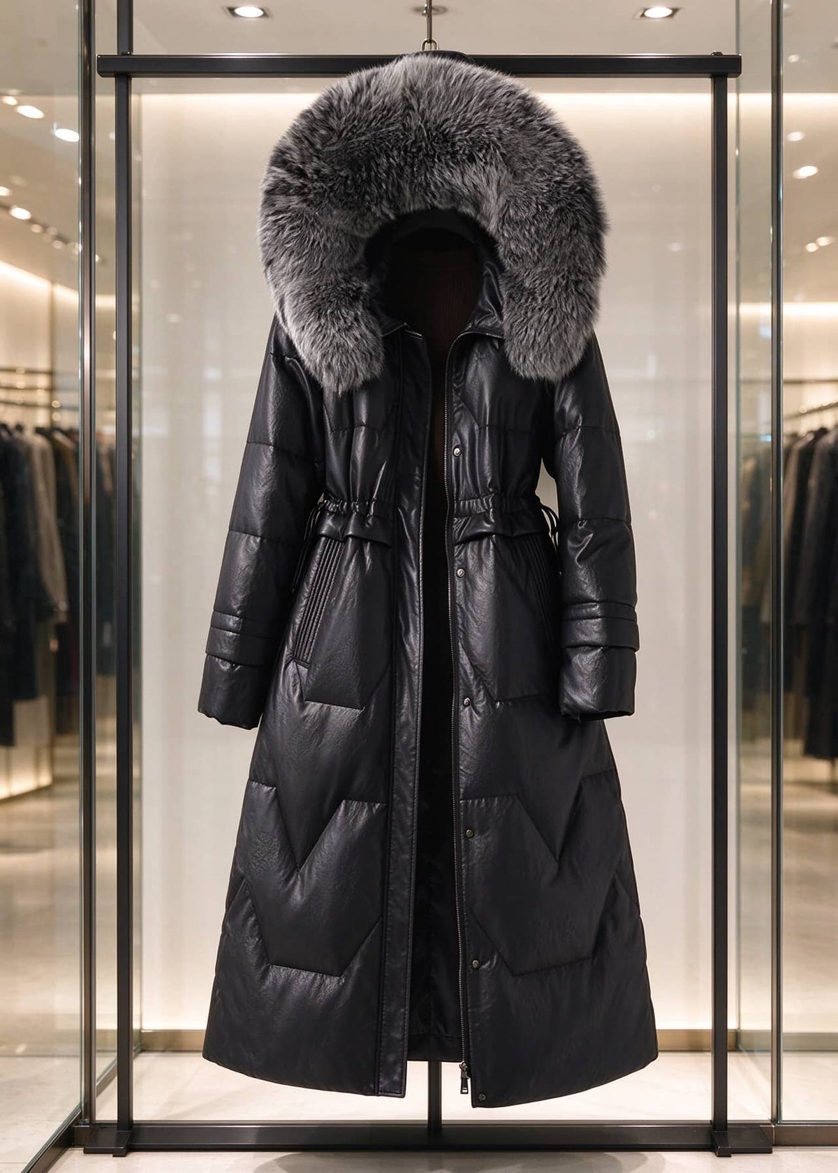 Black genuine sheepskin leather down coat with dark fluffy fox fur trim hood displayed on showroom rack