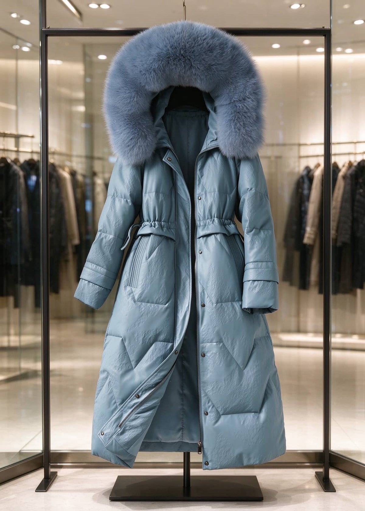 Dusty blue genuine sheepskin leather down long coat with matching fox fur hood on hanger in store display