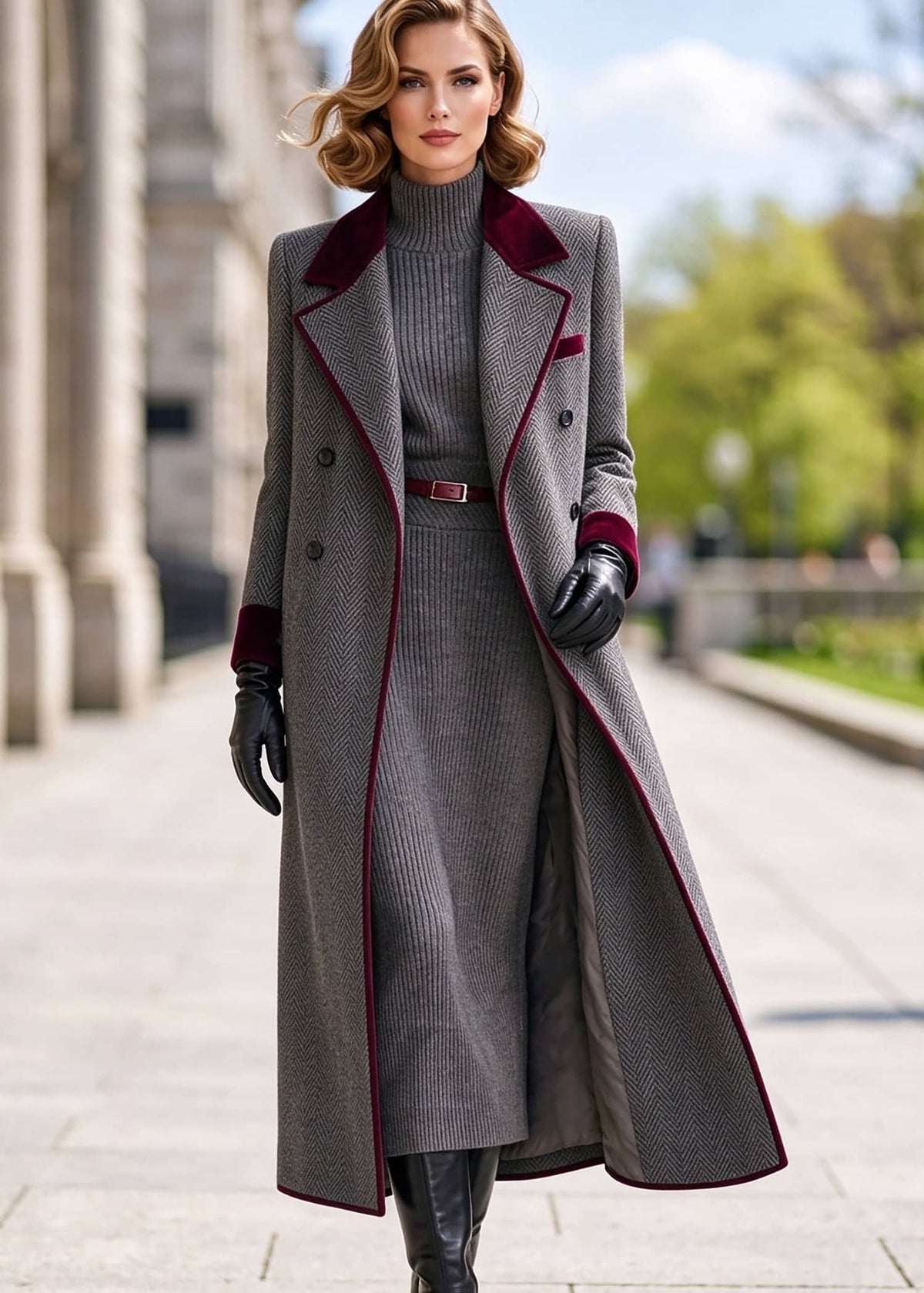 Three-quarter shot of woman wearing open grey herringbone double-breasted coat layered over ribbed sweater dress