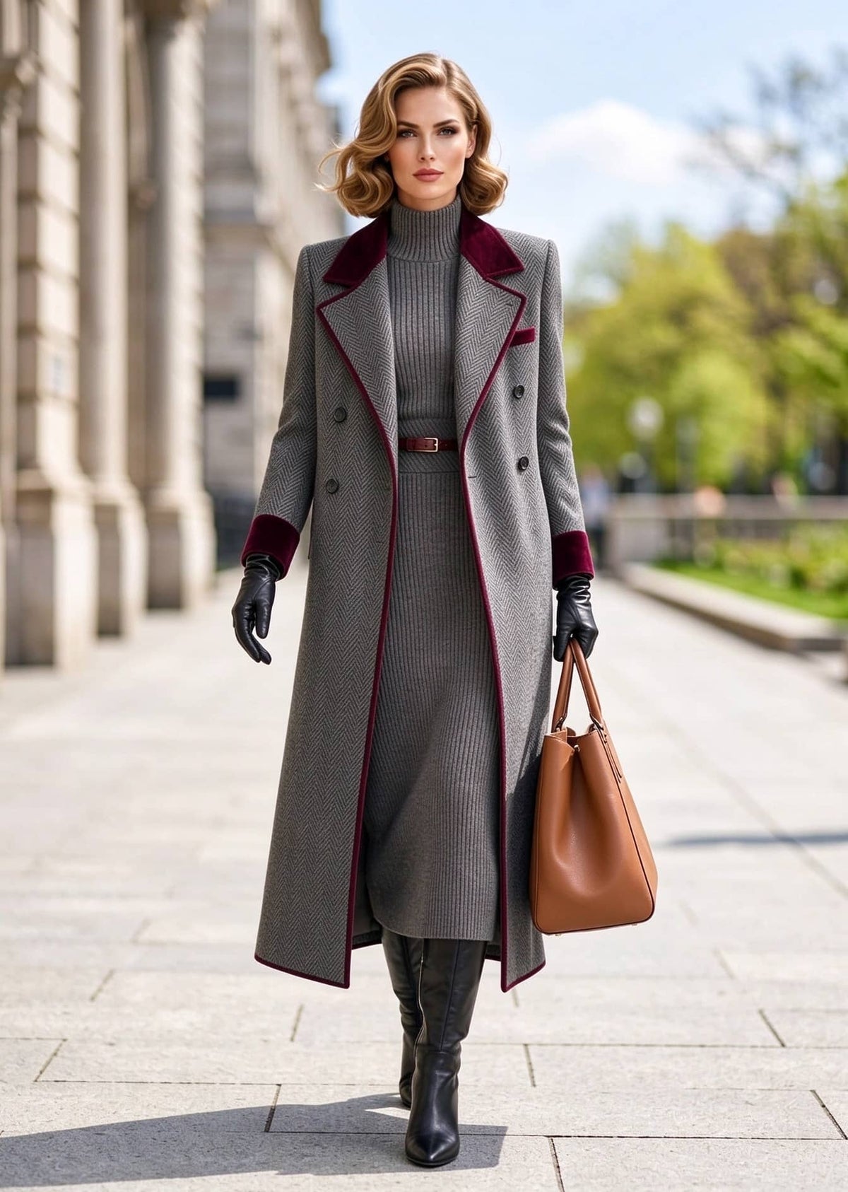 Full length view of woman holding leather handbag wearing open grey herringbone coat and matching ribbed sweater dress set