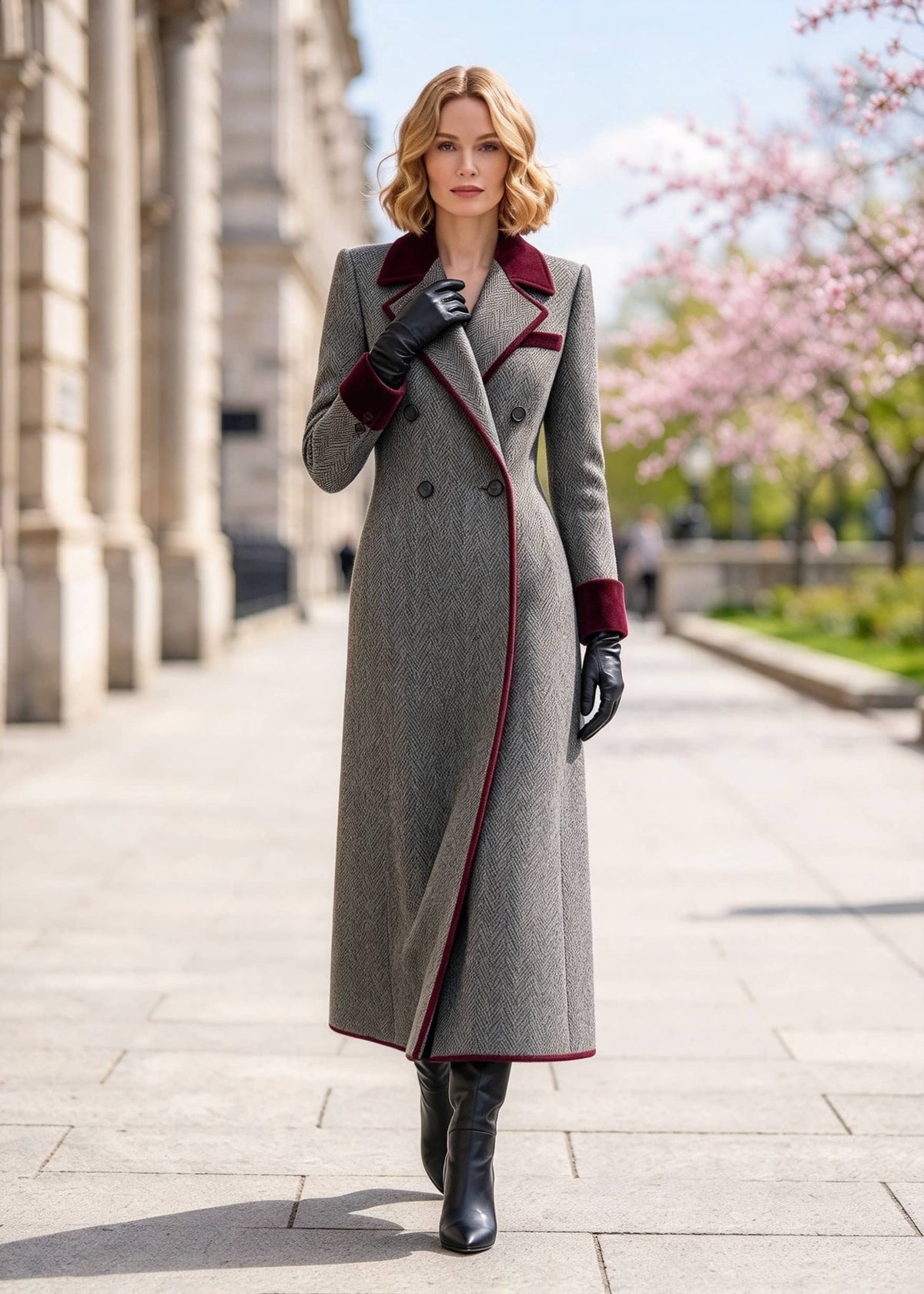 Woman holding lapel wearing grey double-breasted herringbone long coat with burgundy velvet piping