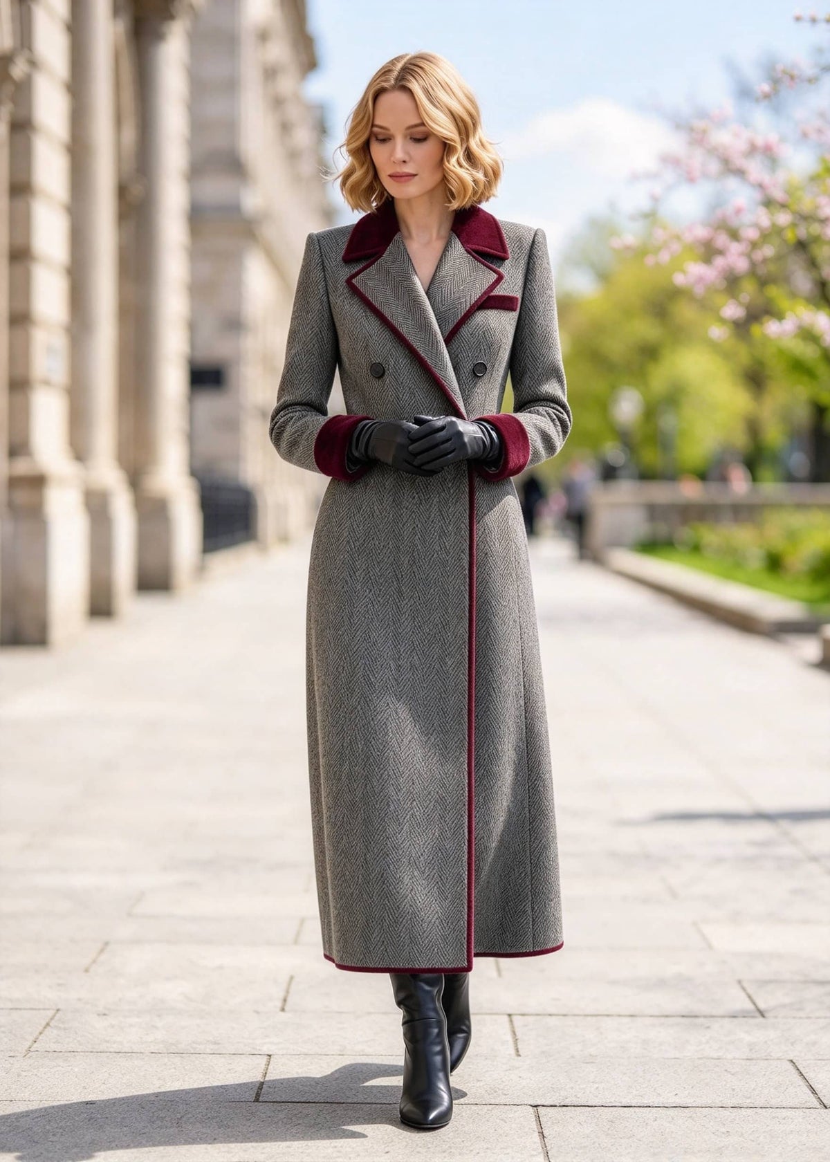 Front portrait shot of woman wearing buttoned grey herringbone double-breasted coat with black leather gloves