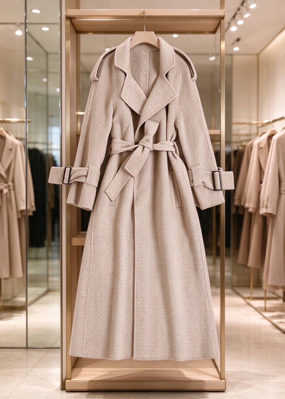 Beige herringbone double face wool cashmere long coat with belted wrap waist on clothing display rack