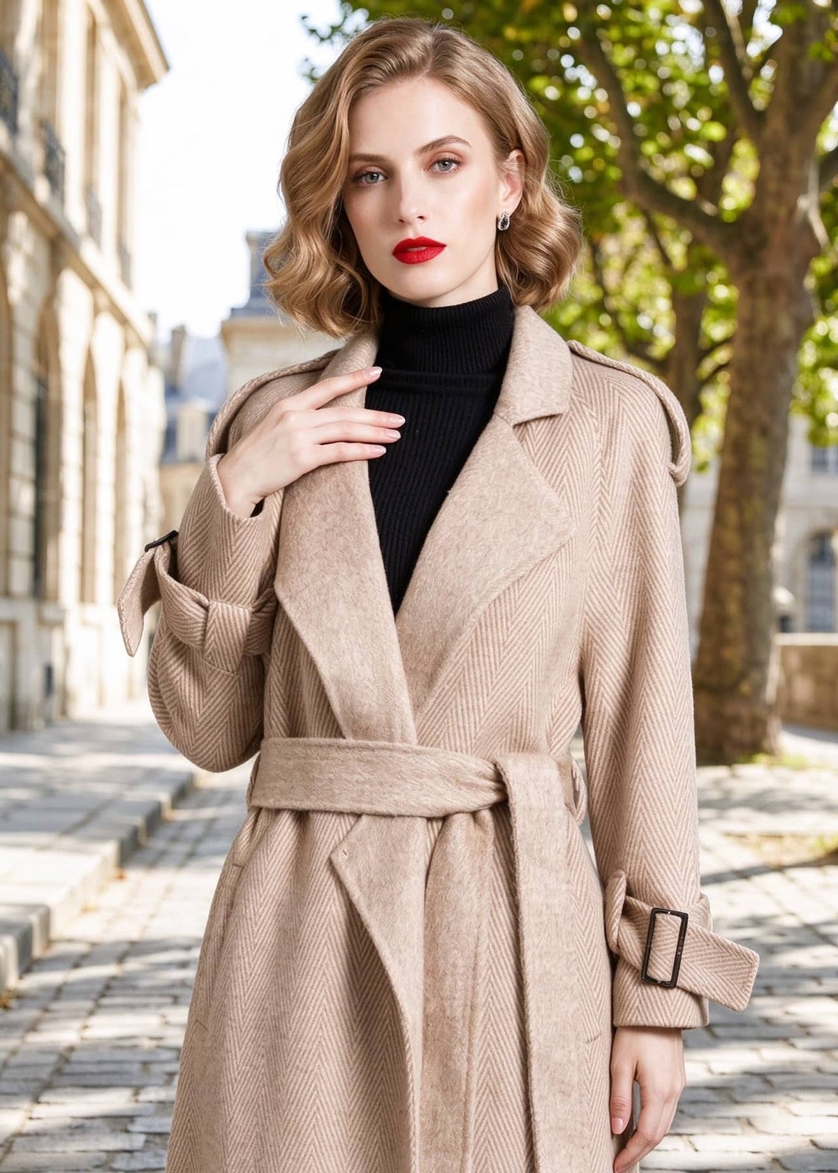 Close-up portrait of woman wearing beige herringbone double face wool cashmere coat with belted waist