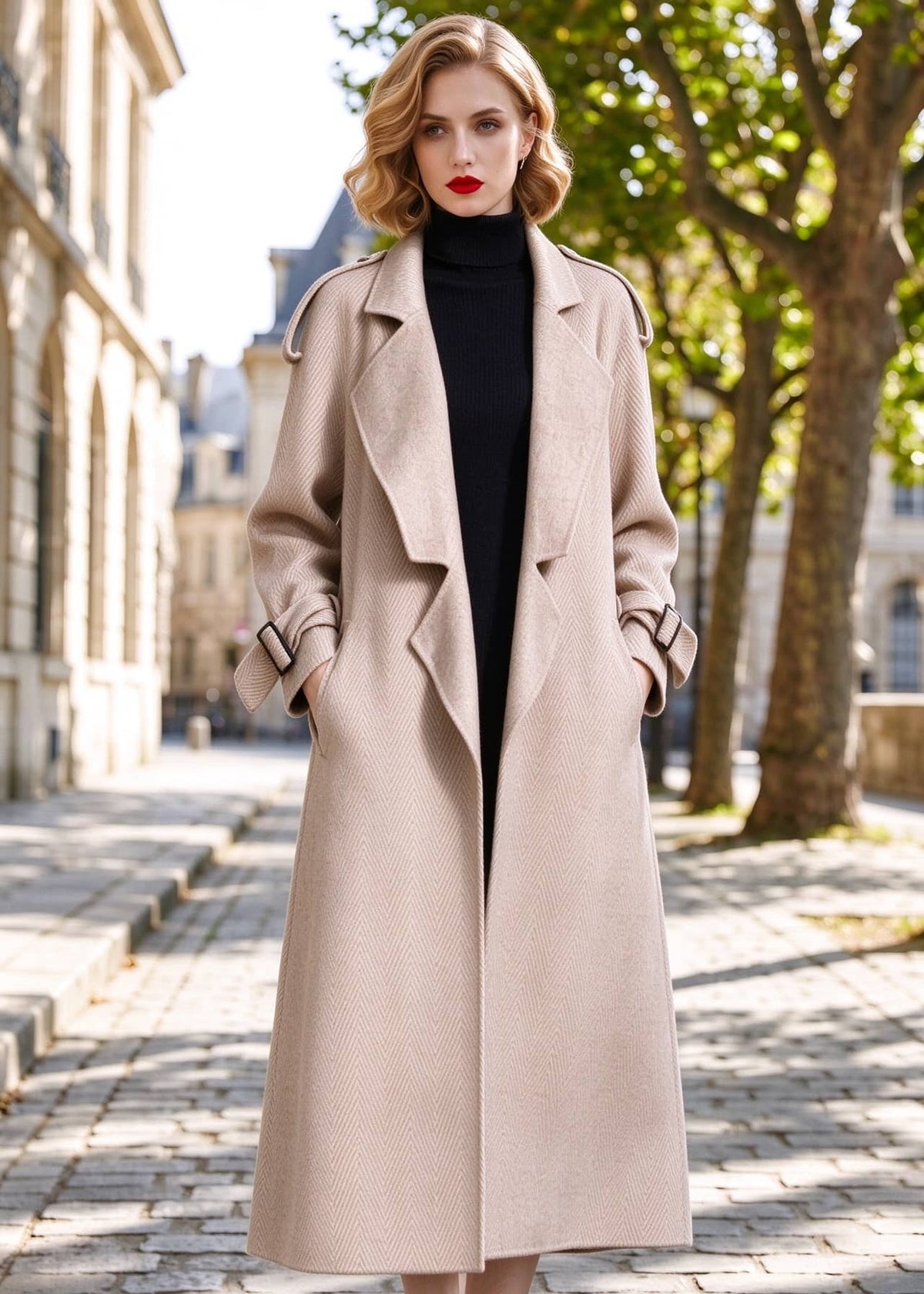 Front view of woman wearing open beige herringbone wool cashmere long wrap coat with hands in pockets