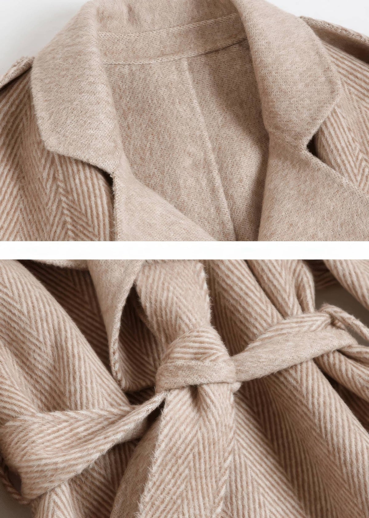 Close-up detail of beige herringbone double face wool cashmere coat lapel collar and tied fabric waist belt