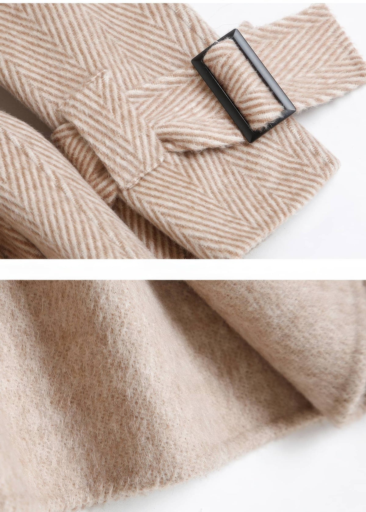 Close-up view of cuff buckle strap detail and soft fabric texture on beige herringbone wool coat