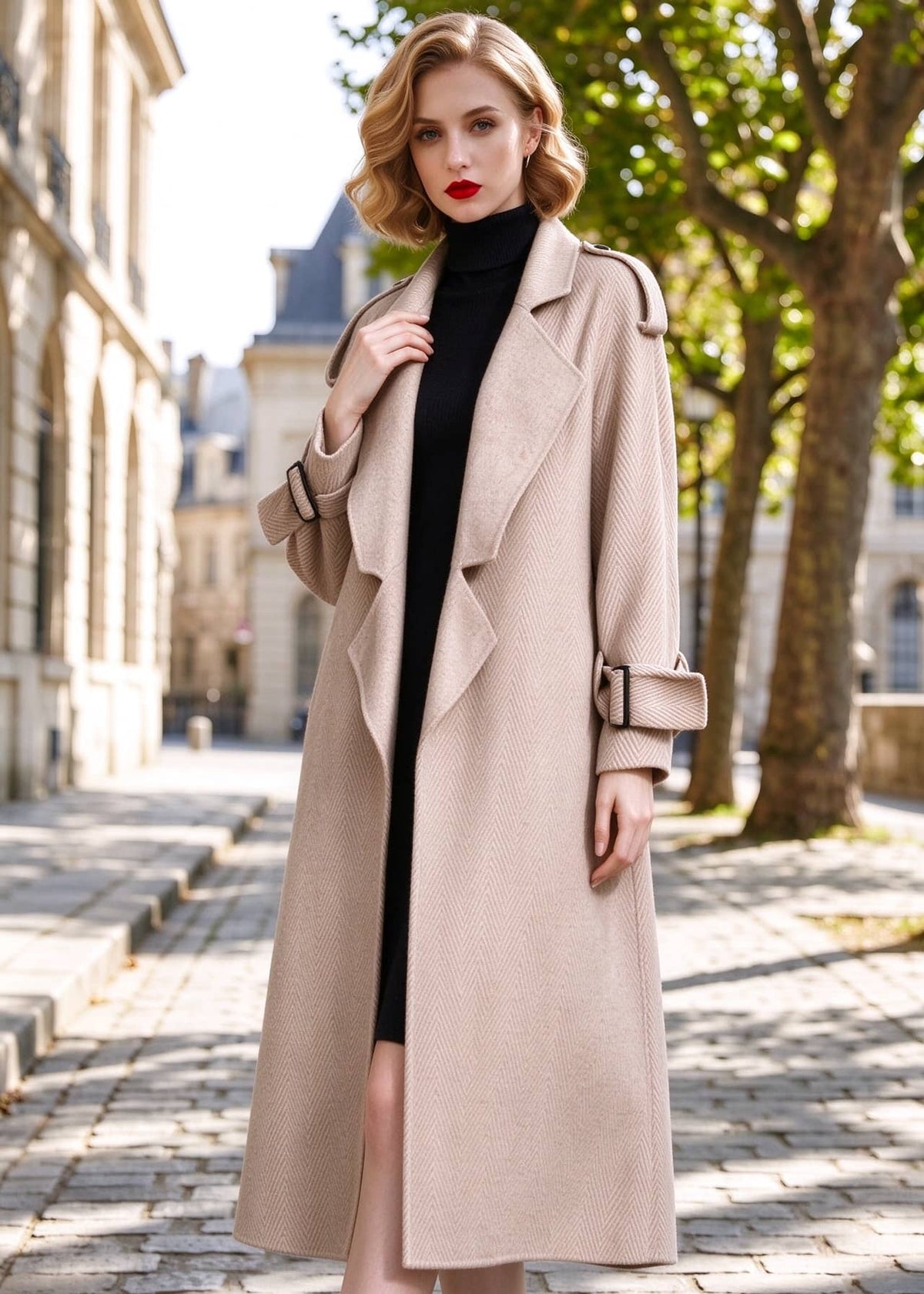 Three-quarter view of woman wearing unzipped beige herringbone double face wool wrap coat