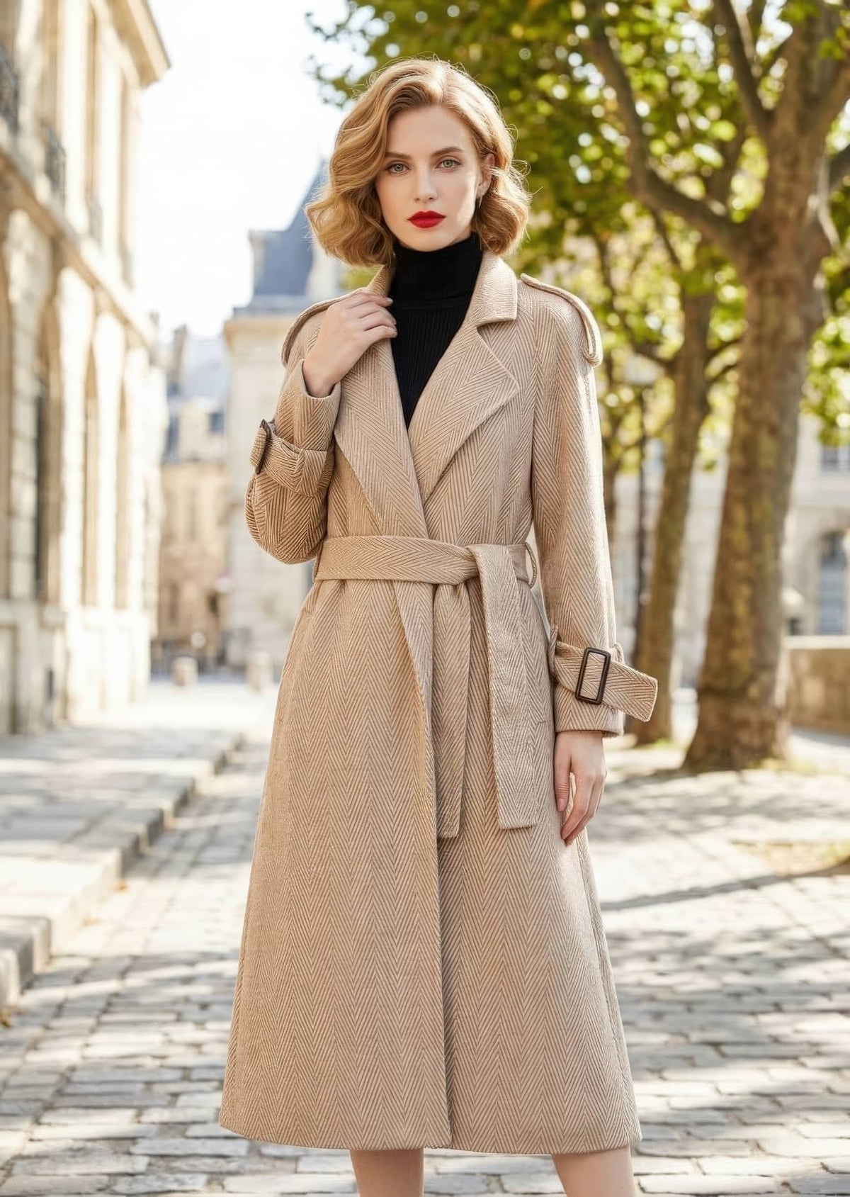Front view of woman holding lapel wearing beige herringbone wool cashmere coat with tied belt