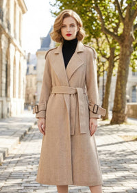 Full length front view of woman wearing belted beige herringbone wool cashmere long coat
