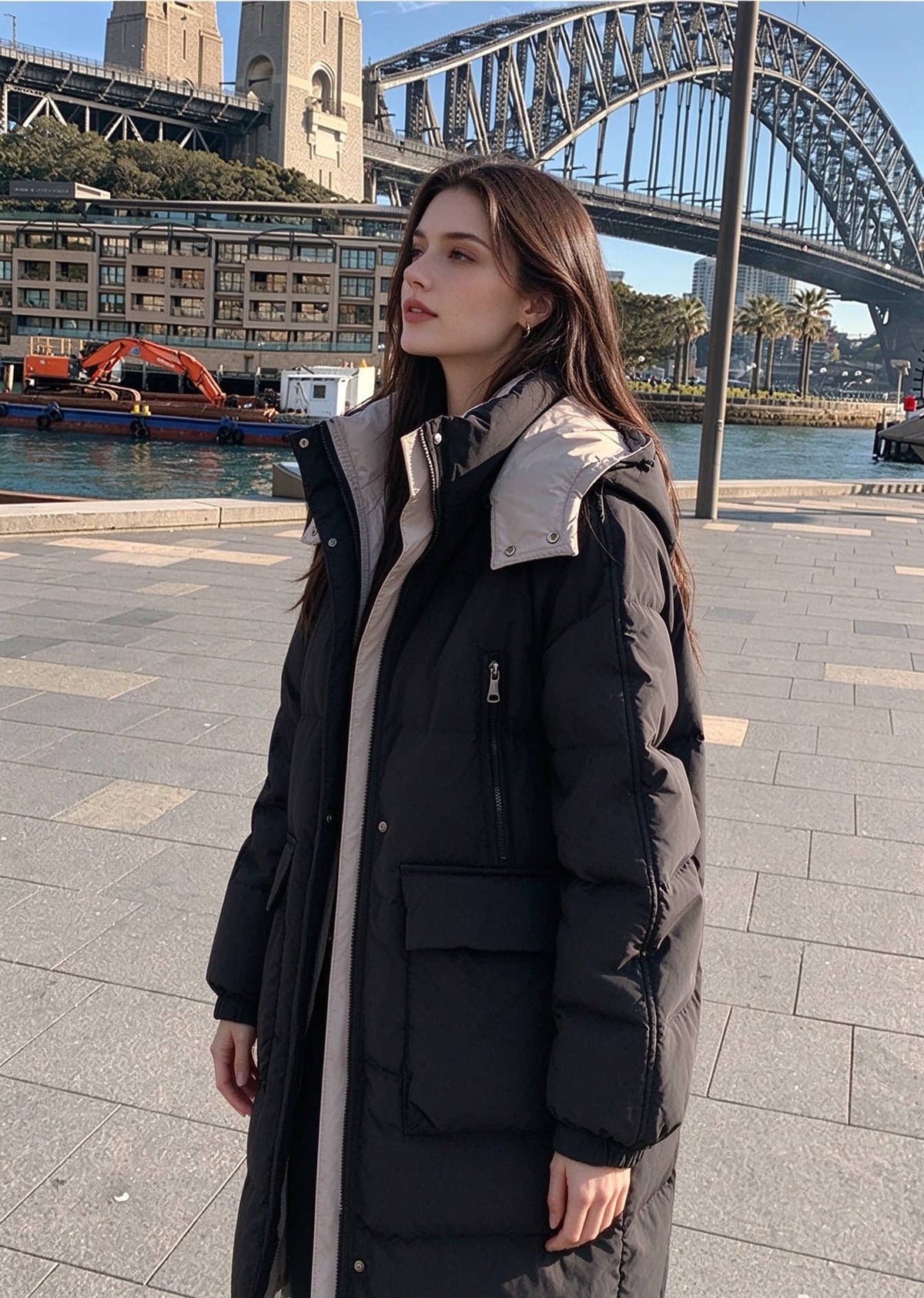 Three-quarter side profile of woman wearing black longline puffer coat with contrast hood lining near harbor