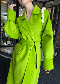 Bright Green Belted Wool Wrap Long Coat